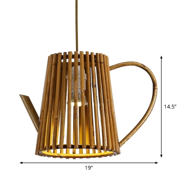 1 Head Dining Room Hanging Lamp Asia Khaki Pendant Light Fixture with Teapot Wood Shade