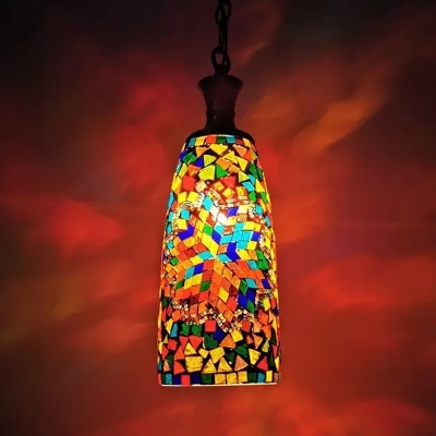1 Head Pendant Lighting Vintage Cylinder Red/Yellow/Blue Stained Glass Shade Hanging Lamp Fixture