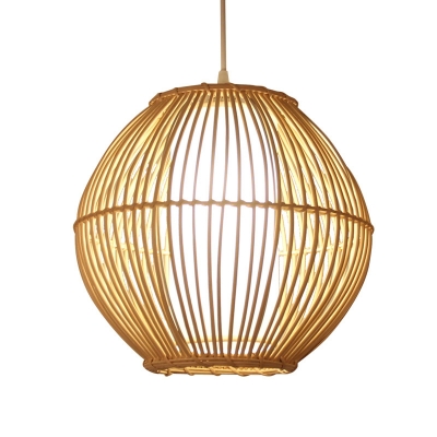 1 Head Tearoom Pendant Lighting Asian Beige Hanging Ceiling Light with Cage Bamboo Shade