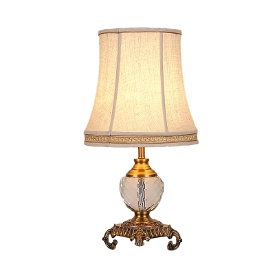 1 Light Crystal Nightstand Lamp Vintage Beige Carved Base Living Room Table Light with Fabric Empire Shade