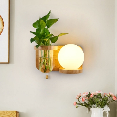 1 Light Wall Lighting Fixture Industrial Globe Opal Glass LED Wall Lamp Sconce in Wood without Plant, Left/Right