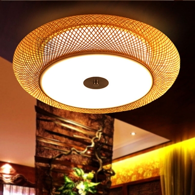 2 Bulbs Hand Twisted Flush Light Chinese Bamboo Close to Ceiling Lighting in Flaxen