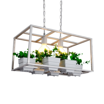 2 Lights Rectangle Island Light Industrial Black/White Metal LED Plant Hanging Lamp for Restaurant, 21.5