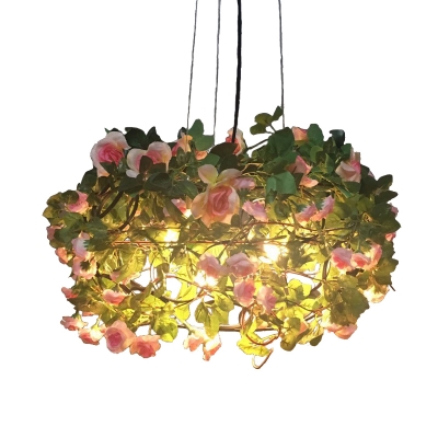 3 Bulbs Chandelier Light Industrial Plant and Flower Metal LED Suspension Lamp in Green