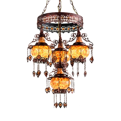 4 Heads Stained Glass Hanging Lighting Traditionalism Orange 2 Layer Lantern Restaurant Chandelier Lamp