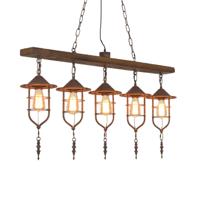 5 Lights Metallic Billiard Lamp Vintage Brown Caged Dining Room Hanging Island Light with Linear Wood Shelf
