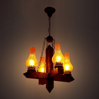 Amber Crackle Glass Vase Chandelier Lighting Industrial 5 Lights Living Room Pendant in Black