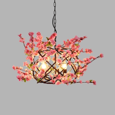 Antique Bird Nest Ceiling Chandelier 3 Bulbs Metal Flower Drop Lamp in Pink for Restaurant