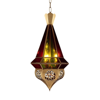 Antiqued Cone Pendant Chandelier 3 Lights Metal Suspended Lamp in Brass with Red and Green Glass Shade