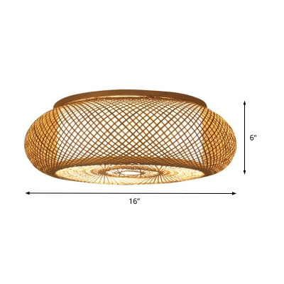 Asian 3 Heads Flush Mount Flaxen Donut Ceiling Mounted Fixture with Bamboo Shade