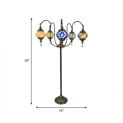 Ball Shade Stained Glass Floor Light Traditionalist 5 Heads Living Room Standing Lamp in Yellow/Blue
