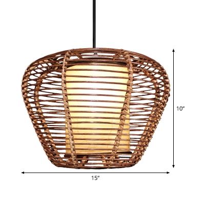 Bamboo Urn Pendant Lamp Chinese 1 Bulb Brown Hanging Light Kit with Inner Cylinder Parchment Shade