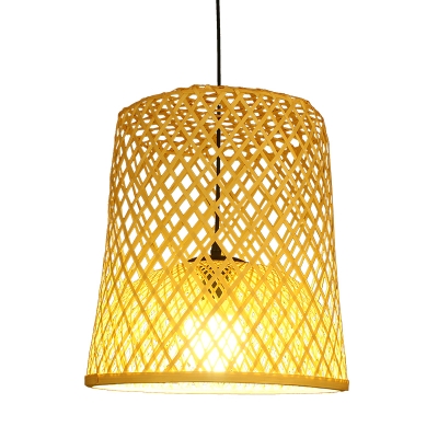 Barrel Ceiling Lamp Asian Bamboo 1 Head Beige Hanging Pendant Light for Restaurant