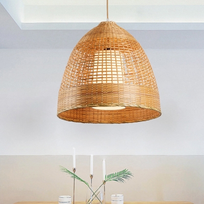 Beige Flared Pendant Lamp Asian 1 Head Bamboo Hanging Light Fixture for Living Room