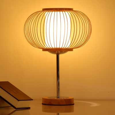 Beige Pumpkin Task Lighting Japanese 1 Bulb Bamboo Small Desk Lamp with Round Base