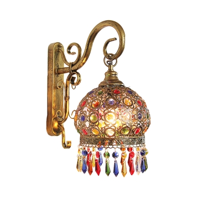 Brass/Copper 1 Bulb Sconce Light Traditional Metal Global Wall Mount Lighting with Dangling Crystal