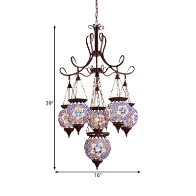 Copper Lantern Chandelier Lighting Fixture Art Deco Stained Glass 6 Heads Hanging Ceiling Lamp