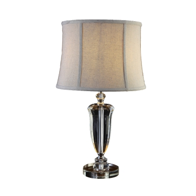 Cream Gray 1 Light Table Lamp Traditionalist Crystal Drum Nightstand Light with Fabric Shade