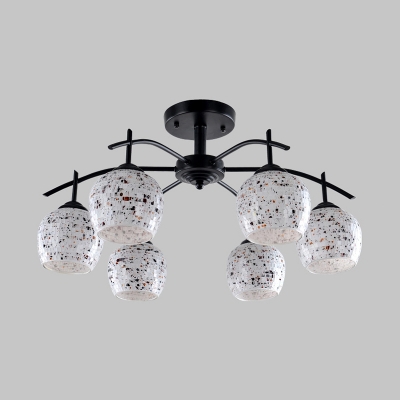Domed Shaped Semi Flush 6/7/8 Lights Stained Glass Mediterranean Ceiling Light Fixture in Black