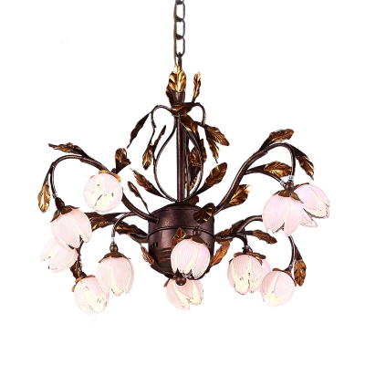 Floral Dining Room Ceiling Chandelier Traditional Purple Glass 12 Heads Brown Hanging Light Fixture