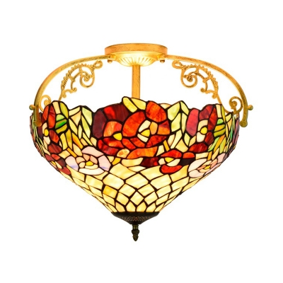 Flower Ceiling Mounted Light 3 Lights Stained Glass Mediterranean Ceiling Lamp in Yellow