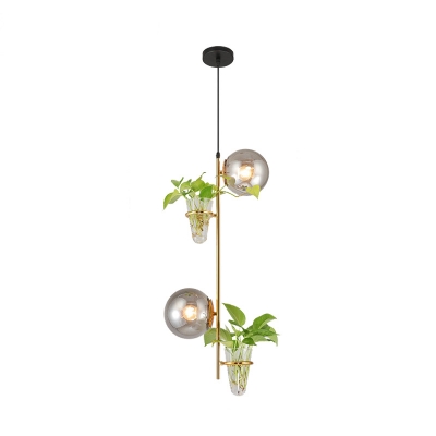 Globe Dining Table Pendant Light Fixture Industrial Milk White/Smoke Grey Glass 2 Heads Gold/Black Chandelier Light with Plant Deco