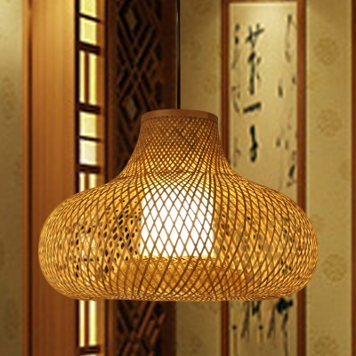Hand Woven Pendant Lighting Japanese Bamboo 1 Head Ceiling Suspension Lamp in Flaxen