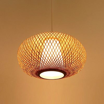 Handcrafted Ceiling Light Japanese Bamboo 1 Head Beige Pendant Lighting Fixture, 14