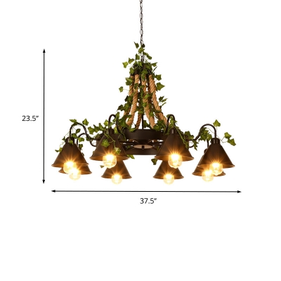 Hemp Rope Black Hanging Chandelier Conical 8 Lights Industrial LED Pendant Lighting with Plant