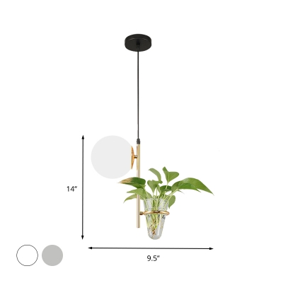Industrial Global Pendant Light 1 Head Milk White/Smoke Grey Glass Hanging Light in Black/Gold with Plant Deco