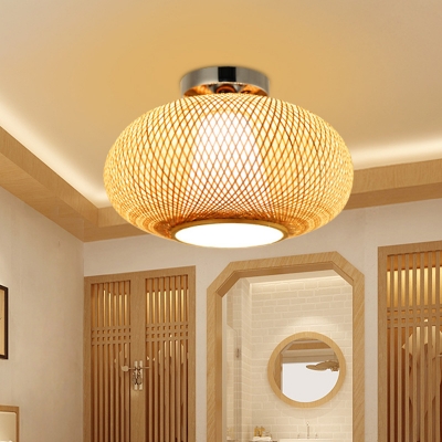 Japanese 1 Bulb Semi Flush Light Flaxen Hand-Worked Ceiling Mounted Fixture with Bamboo Shade