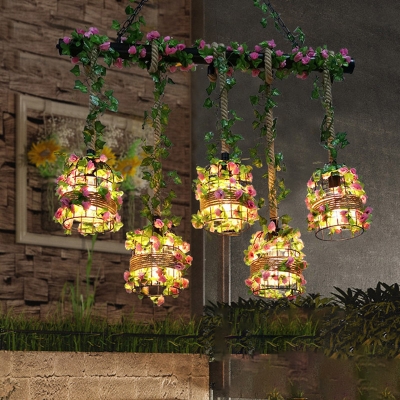 Metal Black Island Pendant Light Cage 5 Bulbs Industrial Plant Hanging Lamp Kit for Restaurant