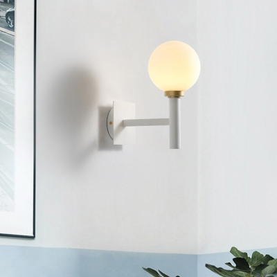Metal Pencil Arm Sconce Light Modern 1 Head White Wall Lighting Fixture with Opal Glass Shade
