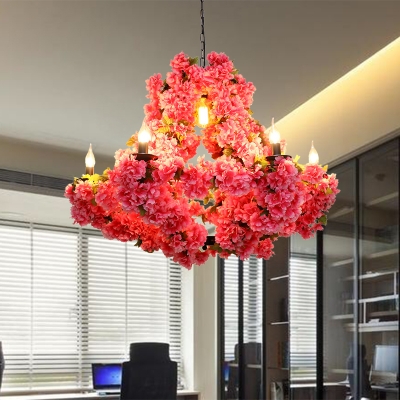 Metal Pink Hanging Chandelier Cherry Blossom 7 Heads Antique LED Drop Pendant for Restaurant