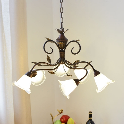 Milk Glass Brown Hanging Chandelier Bell 6 Lights Traditional Down Lighting Pendant for Living Room