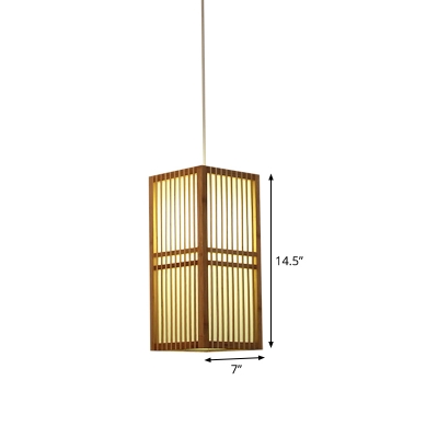 Rectangular Pendant Light Japanese Wood 1 Head Ceiling Suspension Lamp in Beige for Tearoom