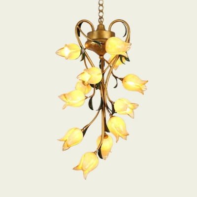 Retro Floral Chandelier Lighting Fixture 12 Heads Metal LED Pendant Ceiling Light in Brass for Dining Room