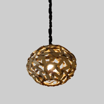Spherical Ceiling Light Japanese Wood 1 Head Suspended Lighting Fixture in Brown