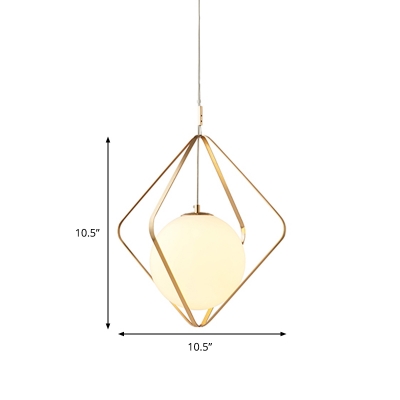 Square Pendant Lamp Simple Metal 1 Bulb Gold Hanging Light Fixture with White Glass Shade, 10.5