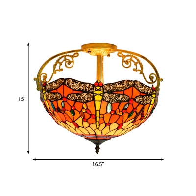 Stained Glass Blue/Orange/Yellow Semi-Flush Mount Dragonfly 3 Lights Mediterranean Ceiling Lamp