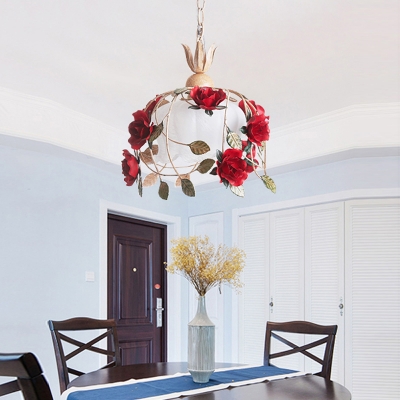 White Glass Rose Drop Pendant Pastoral 1 Head Dining Room Hanging Lamp Kit, 12.5