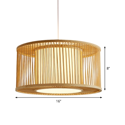 Wood Drum Ceiling Lamp Asian 1 Head Bamboo Hanging Pendant Light with Inner White Shade