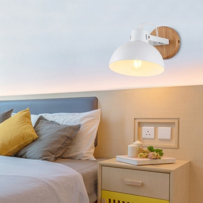 1 Bulb Domed Sconce Light Modern Metal Wall Mounted Lighting in White with Circle Wood Backplate
