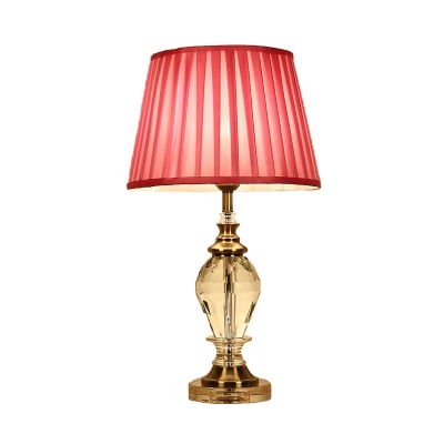 1 Bulb Fabric Nightstand Light Minimalism Blue/Pink/Beige Tapered Bedroom Table Lamp with Urn-Shaped Crystal Base