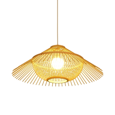 1 Bulb Restaurant Hanging Lamp Asian Yellow Ceiling Pendant Light with Conical Bamboo Shade