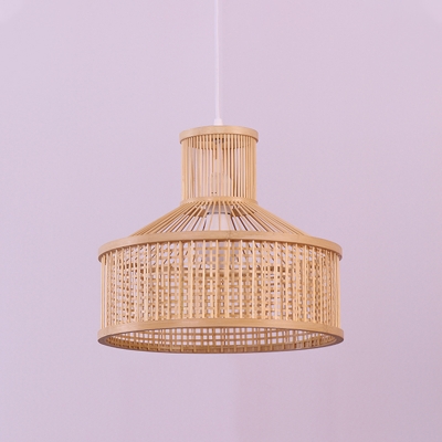 1 Bulb Teahouse Hanging Lamp Asian Beige Ceiling Pendant Light with Urn Bamboo Shade