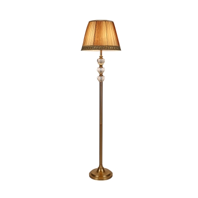 1 Head Drum Floor Lamp Minimalist Beige Fabric Standing Light with Beveled Crystal Accent