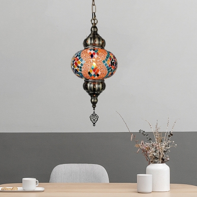 1 Head Pendant Lighting Antiqued Oval Red/Orange/Green Stained Glass Shade Hanging Lamp Kit for Restaurant