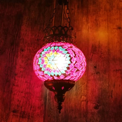 1 Head Suspension Pendant Traditional Ball Pink/Yellow/Orange Stained Glass Hanging Light Fixture