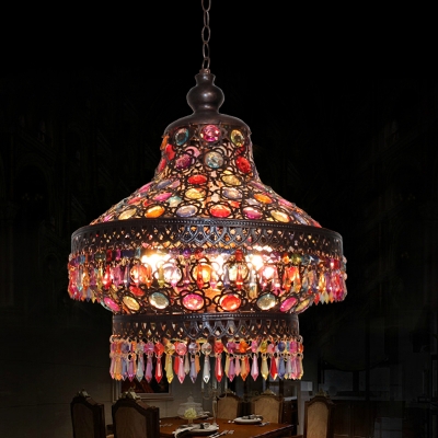 3 Heads Lantern Chandelier Lighting Art Deco Bronze Metal Suspension Lamp for Living Room